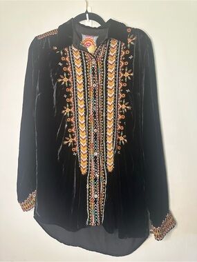 Johnny Was Black Velvet Tunic with Multicolor Floral Embroidery